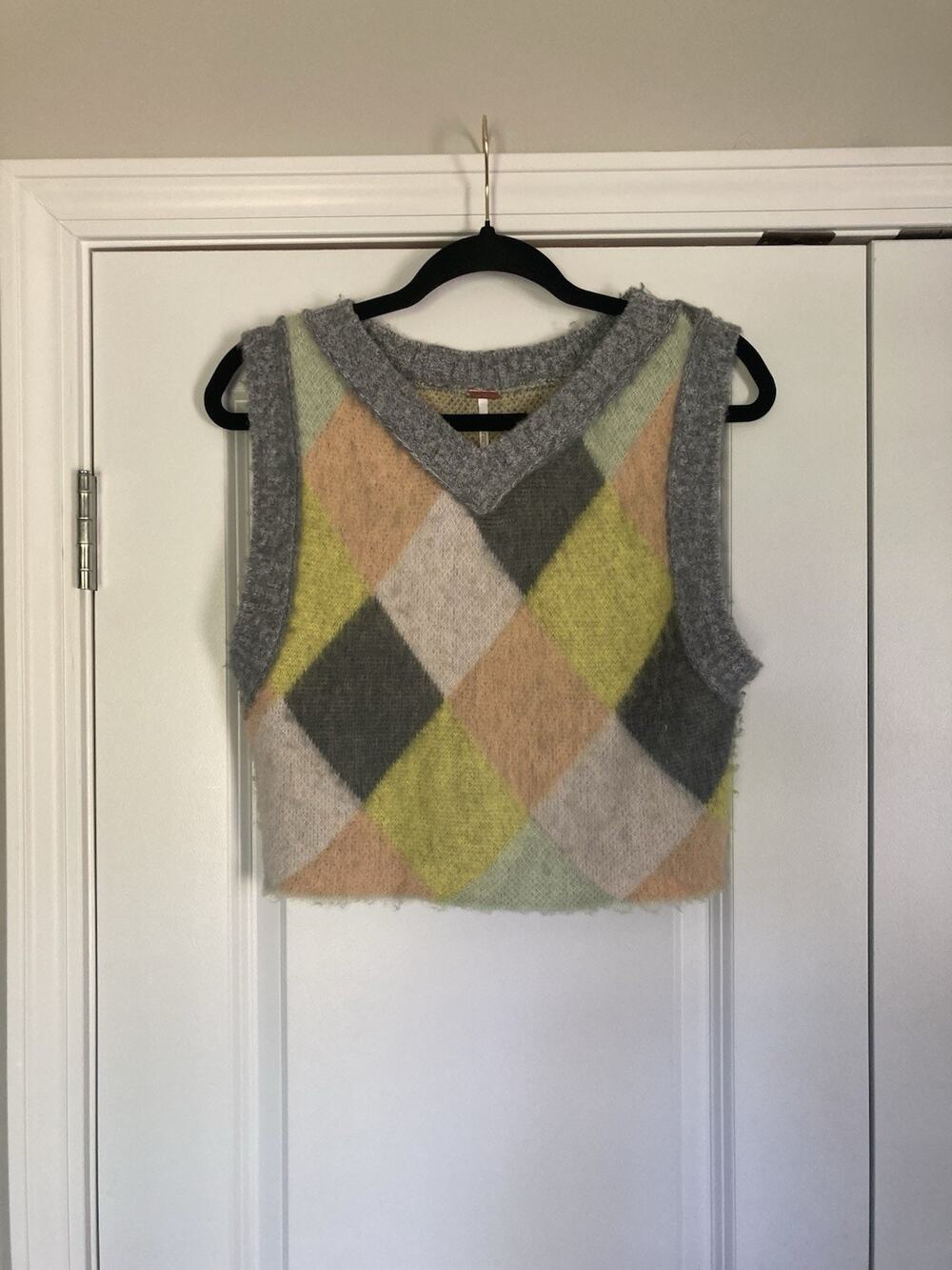 Free People Quinn Argyle Cropped Sweater Vest Size Small Preppy Grunge Y2K Avril